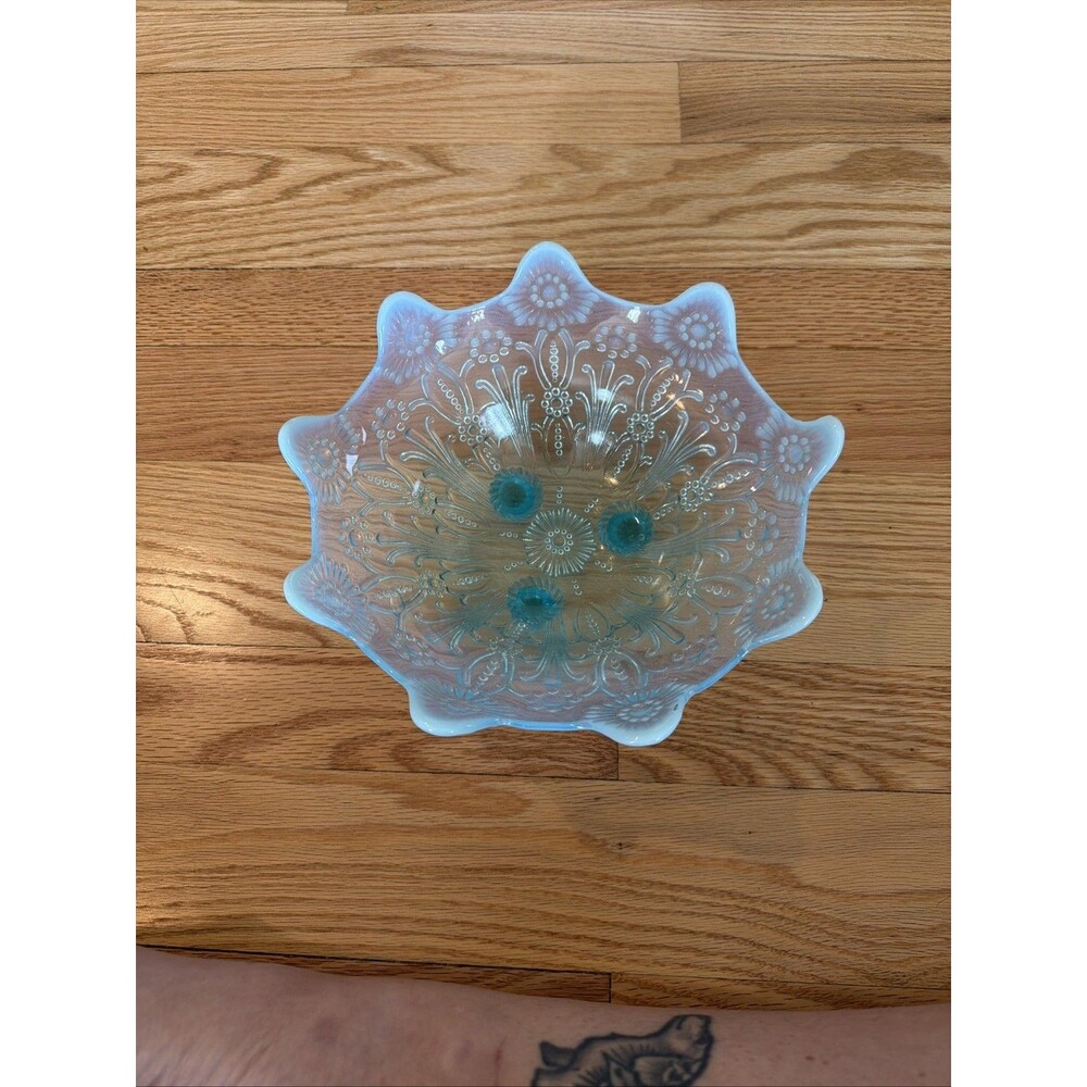 Vintage Northwood Blue Opalescent Pearl Flowers Footed Bowl - Early 1900s